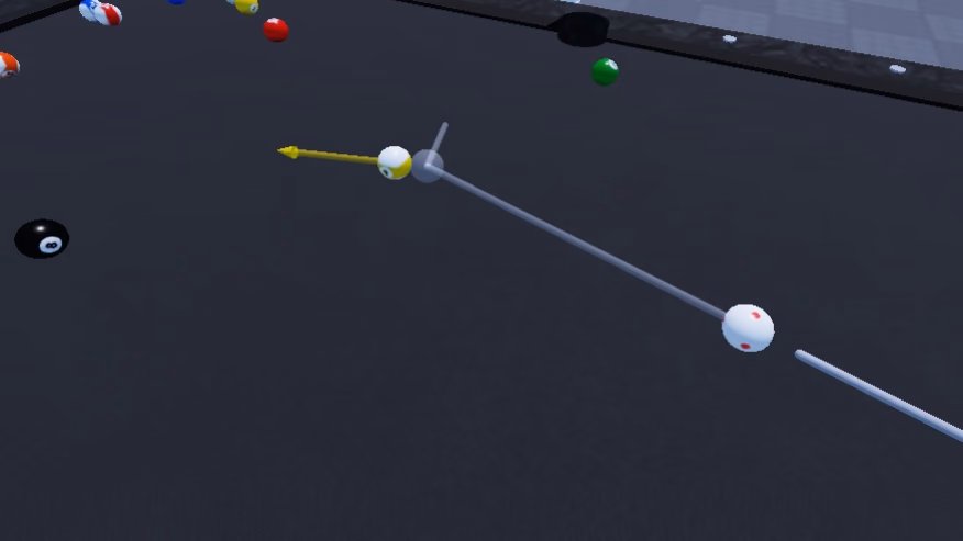 The aiming guide: the cue behind the cue ball, the line to the ghost ball next to the 9, a yellow arrow showing where the 9 goes and a short line showing where the cue ball goes