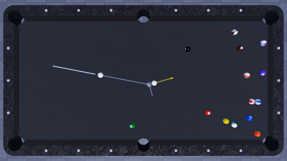 The table seen from above after the break, with the balls spread out and the guide aiming at the 9